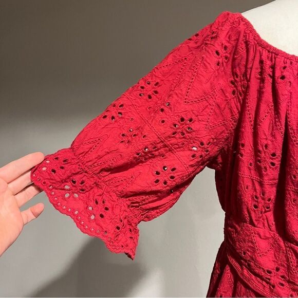Plus size red eyelet embroidery mini dress with short sleeves - Picture 3 of 14